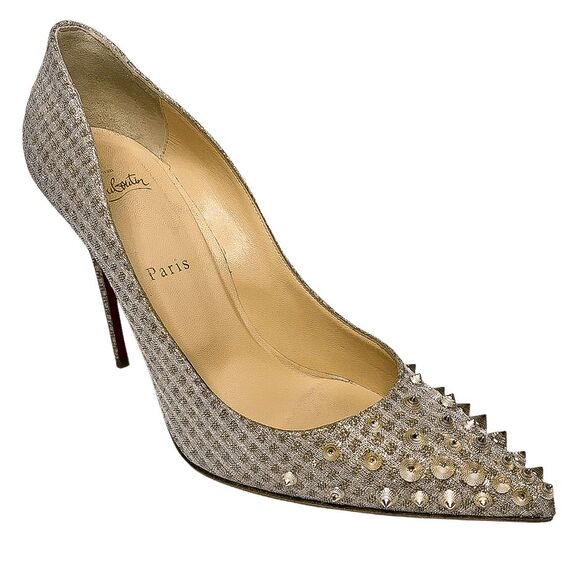 Christian Louboutin Spikyshell 100 Pumps Nude Gold Lurex High Heels Size 39.5 - Picture 1 of 11